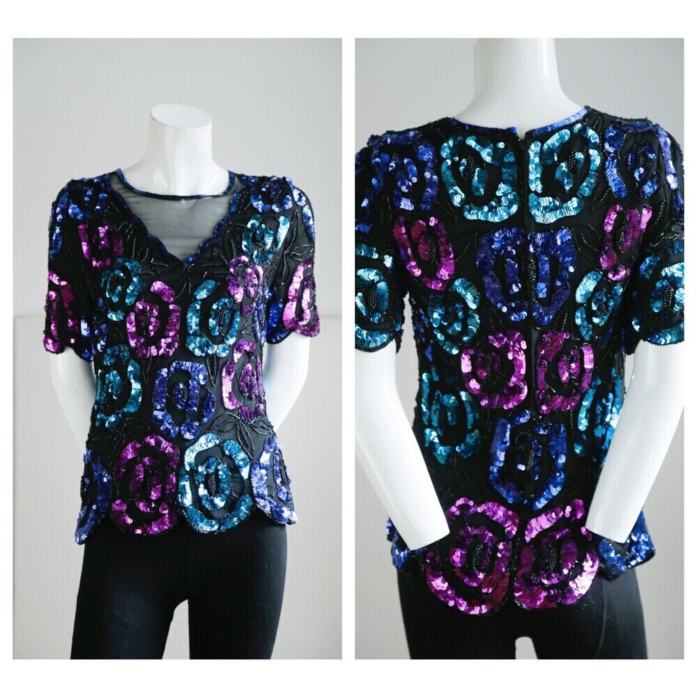 Vintage Leslie Fay Evening Silk Sequin Beaded Teal Pink Sparkly Top L